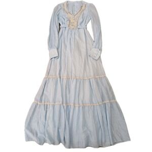 Jody T of California Vtg 70's Long Blue Prairie Dress LS Deep Ruffle Cottagecore